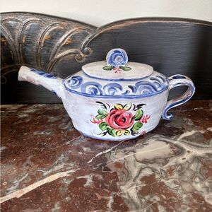 Signed Hand-Painted Floral Terra cotta Teapot